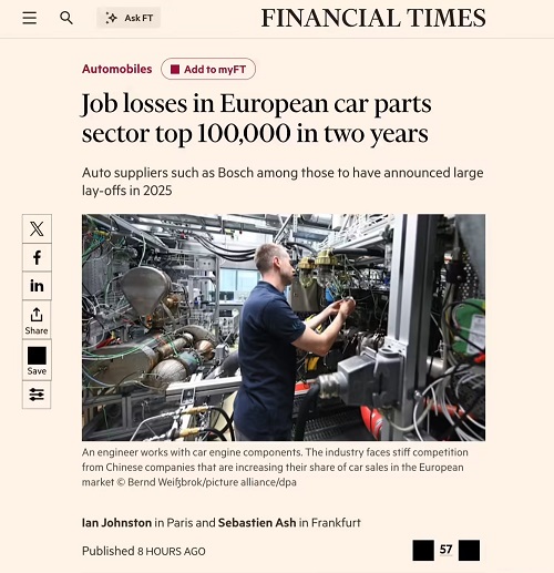 歐洲汽車零件行業(yè)持續(xù)失血 近兩年裁員逾10萬人